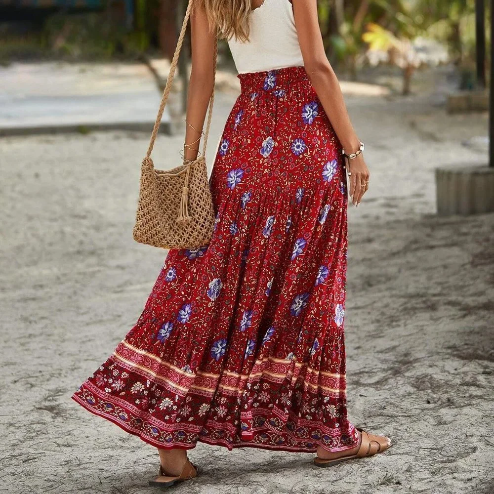 Red boho Womens Floral Print Ruffle Hem Skirt - Picture 3 of 5